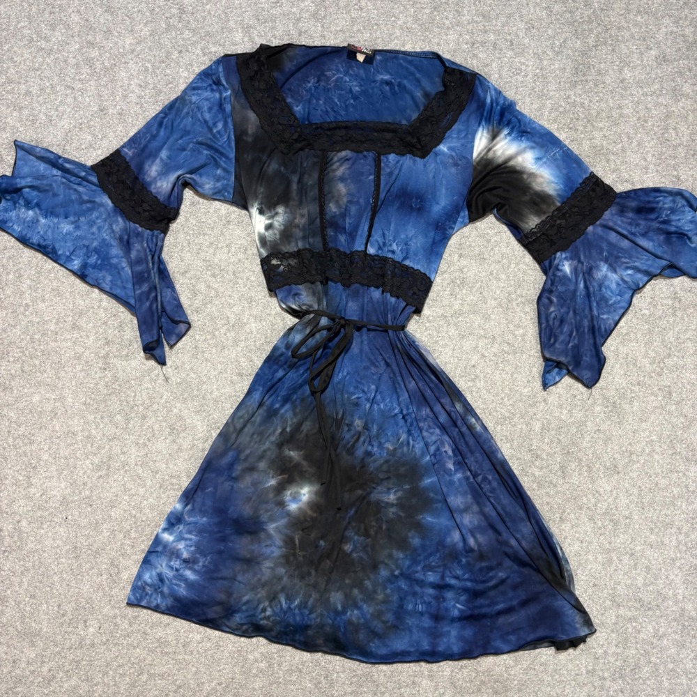 Dare To Wear Blue Tie Dye Gothic Lace Trim Bell Sleeve Mini Dress Plus Size 4X
